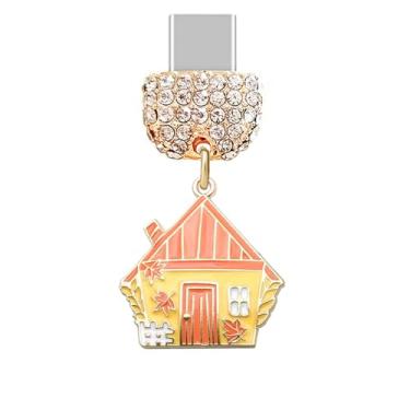 Imagem de ELISE & FONDA TP894 Tipo-C porta de carregamento cristal antipoeira pequena casa de Halloween com pingente de celular folha de bordo de trigo para iPhone 15/16/Samsung/OnePlus/Xiaomi/oppo telefones