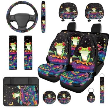 Imagem de Qpednta Cute Frog Capas de assento de carro conjunto completo com 14 capas de volante capa de console central protetor de cabeça capa de cinto de segurança de carro ajuste universal para caminhão van
