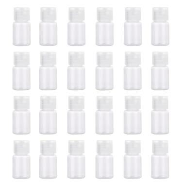Imagem de 24 frascos de plástico transparente vazio recarregáveis de 5 ml, recipientes de viagem recarregáveis com tampa flip frascos de higiene para frascos de amostra de cosméticos para shampoo, sabão corporal, loção, creme, óleo essencial