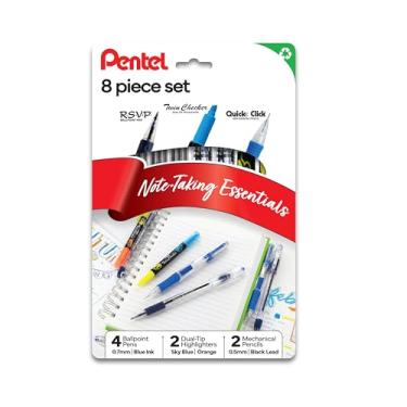 Imagem de Pentel Kit de anotações, pacote com 8-4 canetas esferográficas RSVP azuis, 2 marcadores xadrez duplos, 2 lápis mecânicos de clique rápido de linha fina