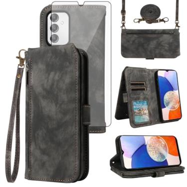 Imagem de Asuwish Capa de celular para Samsung Galaxy A14/M14 5G carteira celular com protetor de tela de vidro temperado alça transversal alça flip zíper compartimento para cartão de crédito A 14 4G 14A 14M G5