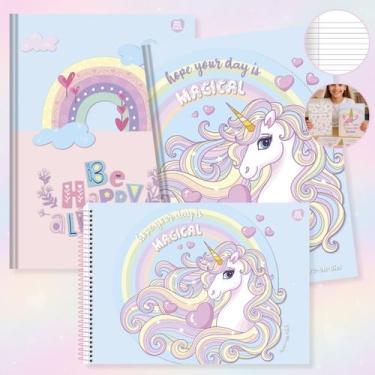 Imagem de Kit Caderno Grande Unicórnio Brochura Capa Dura Kit 2un com Pauta + Ca