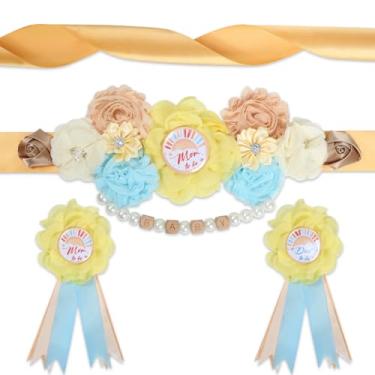 Imagem de INSYOHO Decorações de chá de bebê Here Comes the Son - Cinto de maternidade ajustável com tema de urso de desenho animado com flores brancas, decorações de chá de bebê, material de festa revelador de