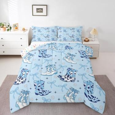 Imagem de Erosebridal Jogo de cama casal de cowgirl azul, com laço ocidental, 3 peças, com laço sudoeste, para quarto de crianças, meninos, adolescentes, mulheres, edredom rústico, caubói, casa de fazenda, 2