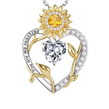 Imagem de Iefil Presentes de girassol para mulheres - Colar com pingente de coração de girassol em prata esterlina S925 para mulheres, presentes de aniversário para esposa, colares You Are My Sunshine, joias