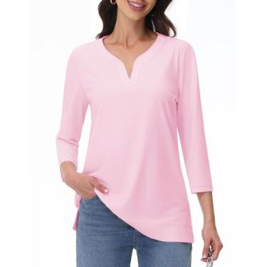 Imagem de Camisa túnica YUCOLEN feminina de manga 3/4 com decote em V rosa claro