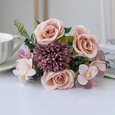 Imagem de Flores artificiais, rosas, crisântemos, buquês de noiva de seda, casamento, jardim ao ar livre, festival, sala de estar, vasos de mesa (1 peça/roxo)