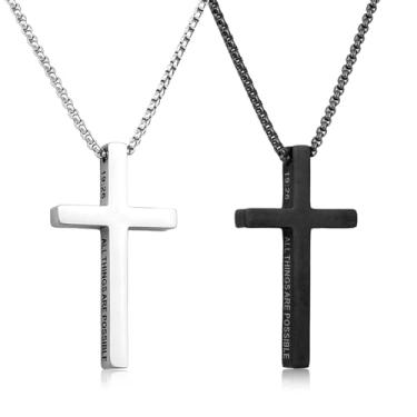 Imagem de 2un. Colar Cruz para Homens, Pingente Versículo Bíblico Aço Inoxidável Colares Joia Cristã Retro para Família Amigos