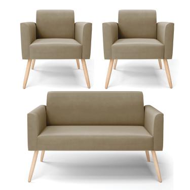 Imagem de Sofá Namoradeira com 2 Poltronas Pés Palito Natural Marisa Suede Marrom Rato D03 - D?Rossi