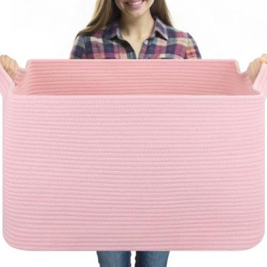 Imagem de Cesto de roupa suja OIASKET 61x43x36cm Corda de algodão rosa