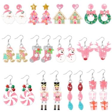 Imagem de Y1tvei Brincos de glitter rosa de Natal – 12 pares de brincos fofos de árvore de Natal, floco de neve, quebra-nozes, boneco de neve, bengalas de doces, pingentes, pingentes, pingentes, brincos de