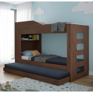 Imagem de Beliche Treliche Cama Auxiliar 2 Em 1 Com Prateleira - Amendoa Amendoa