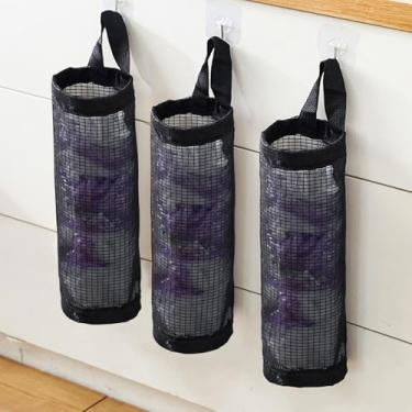 Imagem de 3 peças de armazenamento e organizador de saco plástico, prateleiras suspensas de lixo para cozinha, banheiro e uso doméstico (preto)