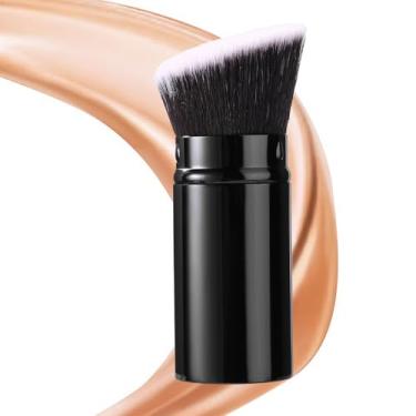 Imagem de Pincel de maquiagem retrátil, pincel de base plana angular portátil com capa para pó, polimento, blush, líquido, creme, viagem de cosméticos (preto)