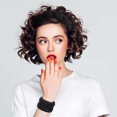 Imagem de Conjunto de pulseiras de spa para lavar o rosto, esponja, maquiagem, toalhas, faixa de cabelo macia (preta, 3 peças)