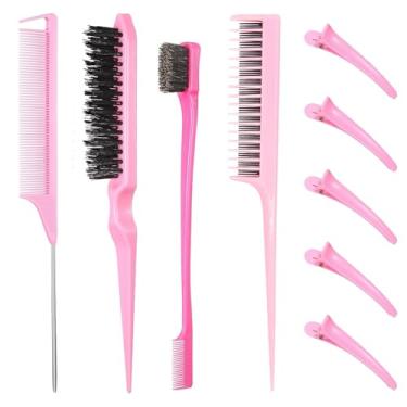Imagem de Conjunto de 9 peças de pente de cabelo – escova de provocação, pente de cauda de rato e escova de borda para mulheres | Pentear as costas, pentear e pentear (rosa)