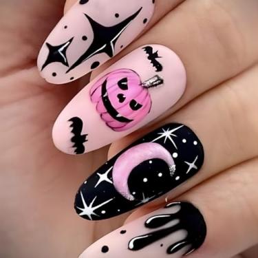 Imagem de Press on Nails Kit médio redondo Halloween fosco cola falsa conjunto de unhas com lindo design de morcego de chama de abóbora com glitter cobertura completa bastão falso artificial em unha de acrílico