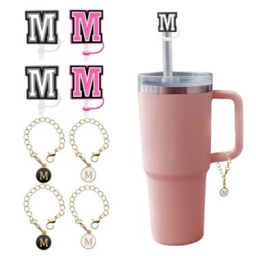 Imagem de 8 peças de acessório de garrafa de água com letras para copos Stanley, capas de canudo de silicone reutilizáveis, pingentes de alfabeto personalizados - Letra M