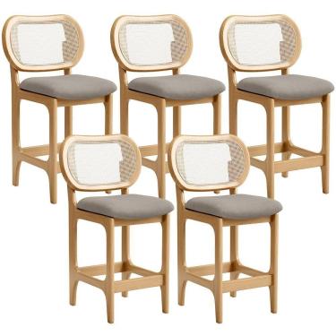 Imagem de Kit 5 Banquetas Baixa Bar Cozinha Sala De Jantar Betta L02 Mel Tela Linho Bege - Lyam Decor