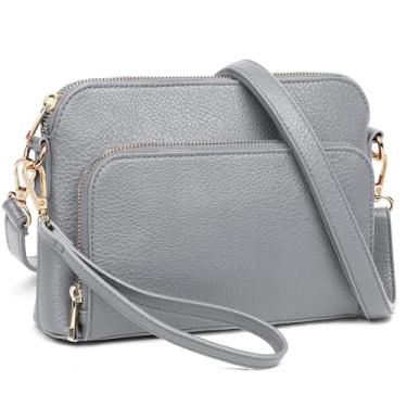 Imagem de Marvolia Bolsa tiracolo feminina - Bolsa de ombro de couro PU moderna pequena bolsa transversal para viagem e festa de trabalho, Cinza, Large