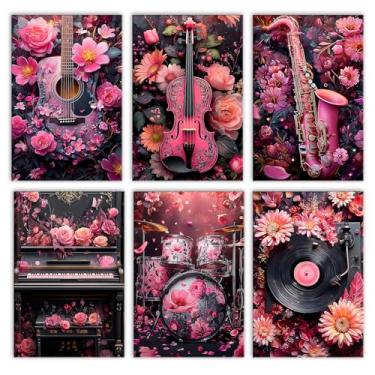 Imagem de Aihonmin Equipamento musical, pacote com 6 tintas por números, para adultos, kits de pintura a óleo floral para iniciantes em tela com pincéis, pintura acrílica, faça você mesmo, decoração de casa