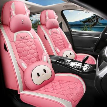 Imagem de INZU Capas de assento de carro confortáveis de coelho de desenho fofo com couro PU impermeável adequadas para a maioria dos 5 lugares, carros, SUV e caminhonete, conjunto de ajuste universal (rosa)