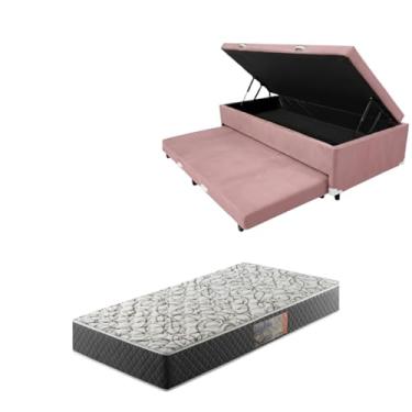 Imagem de Cama Box Baú Solteiro com Auxiliar (Bicama) + Colchão de Espuma D33 17cm | Kit Completo com Cabeceira Botonê Opcional | Diversas Cores (2, SUEDE ROSA, SEM CABECEIRA)