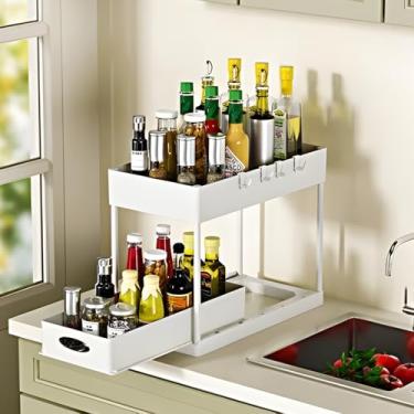 Imagem de Organizador Armazenamento 2 Níveis Deslizante Cozinha Banheiro Branco Metal Resistente Prateleira Sob Pia Gaveta Decorativo