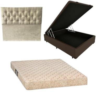 Imagem de Cama Box Baú Blindada com Colchão de Espuma Orthopedic + Cabeceira Botonê (CORINO MARROM, Casal)