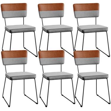 Imagem de Kit 06 Cadeiras Faixa Couríssimo Camel Linho Cinza