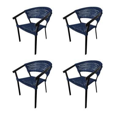 Imagem de Kit 4 Cadeiras Sofia Corda Náutica Base Em Alumínio Preto-azul Marinho - Cor: Azul