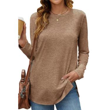 Imagem de Túnica Hount feminina de manga comprida, algodão, marrom, tamanho S