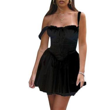Imagem de Vestido feminino MIEAHORY com espartilho, renda evasê, preto (L)
