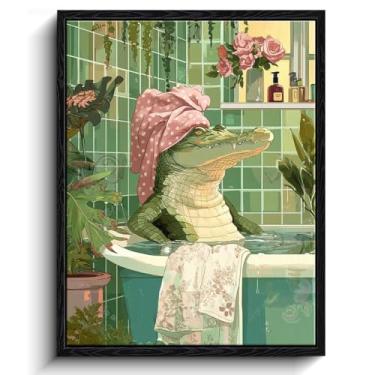 Imagem de Arte de parede jacaré, jacaré de banheira de spa, decoração de parede caprichosa, impressão em tela emoldurada com acabamento fosco, pôster de humor de banheiro, presente para amantes de répteis em