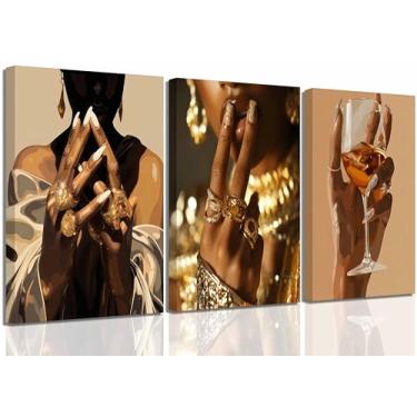 Imagem de 3 peças de arte de parede em tela de mulher afrocêntrica afrocêntrica grelhando imagens de melanina decoração de parede vinho tendência bar carrinho impressão arte para mulher quarto menina decoração