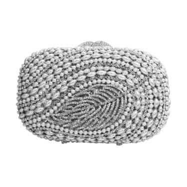 Imagem de BCVWQXA Bolsa feminina elegante de cristal pérola com estampa de folha, bolsa de noite de cristal, carteira de pérolas de luxo para festa de formatura de casamento, Prata