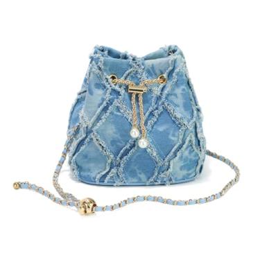 Imagem de Pequena bolsa jeans feminina acolchoada com cordão e alça ajustável e removível, bolsa de ombro elegante, Azul, 5.91" x 7.09" x 5.51" (inches)