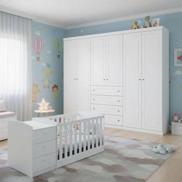 Imagem de Berço Multifuncional Atlanta E Guarda Roupa 6 Portas Americano Ambiente Branco Fosco Henn - Reller