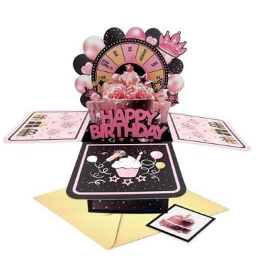 Imagem de FurniGift Cartões de aniversário engraçados pop-up, preto e rosa, cartão 3D com toca-discos, presentes especiais de aniversário para mulheres, homens, filhas, filhas, amigas