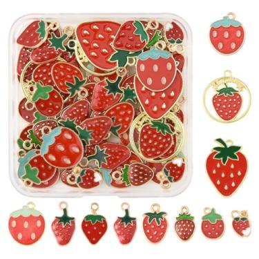 Imagem de MakemadeDIY O kit de fabricação de joias de pingentes de frutas inclui 50 peças, 7 estilos, lindos pingentes de esmalte de morango com folha verde para pulseiras, colares e brincos