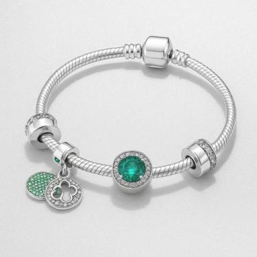 Imagem de Pulseira Estilo Pandora com Berloques e Pedra Verde - JMH Sets, 20 cm