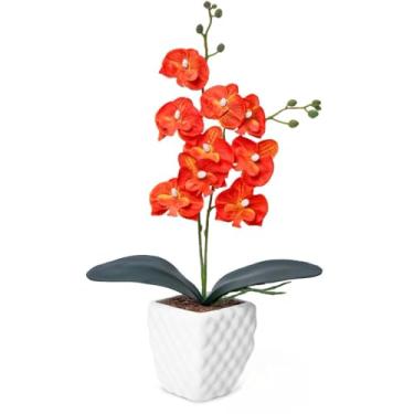 Imagem de Orquídea Artificial Realista com Vaso Arranjo de Flor Artificial Decoração de Mesa e Escritório(Laranja)