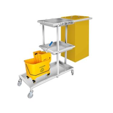 Imagem de Carrinho de limpeza de aço inoxidável, carrinho de limpeza comercial de 3 prateleiras, carrinho de limpeza, com rodas e saco de vinil (amarelo)