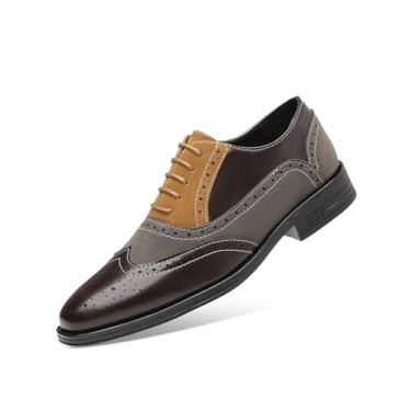 Imagem de Sapato social masculino retrô Brogue Wingtip camurça Oxford formal negócios casual casamento Derby sapatos, Café cinza marrom, 41
