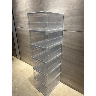 Imagem de TIRUSS Sapateira empilhável transparente sem montagem, caixas de armazenamento de sapatos dobráveis de 6 camadas com tampas, recipientes de plástico à prova de poeira para homens e mulheres (tamanho