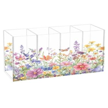 Imagem de SEHANY Porta-canetas de acrílico com flores silvestres coloridas, 4 compartimentos, porta-lápis transparente, organizador de pincéis de maquiagem, organizador de papelaria para escritório, casa