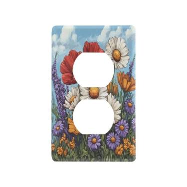 Imagem de Blueangle Placa de parede de tomada dupla de flores silvestres coloridas, tamanho padrão, placas de cobertura de tomada elétrica de 1 gangue para decoração de quarto de escritório em casa, 4,53 x 2,76