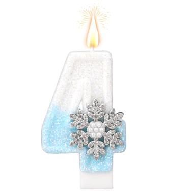 Imagem de Vela de Aniversário com Tema de Neve, Velas com Números Brilhantes Em Azul e Branco Toppers Bolo Estilo Inverno para Aniversários Comemorações Suprimentos para Festas Decoração (Número 4)