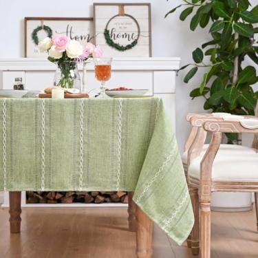 Imagem de Horaldaily Toalha de mesa retangular de linho de algodão verde sálvia 152 × 261 cm, estilo fazenda, resistente a vincos, lavável e resistente a rugas, capa de mesa bordada com bainha para casa