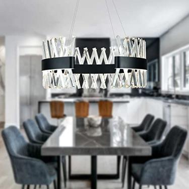 Imagem de Lustre preto para sala de jantar, lustre de cristal preto polido de 50 cm, lustre redondo moderno com aço inoxidável, luminária para sala de estar, hall de entrada, 3000K (branco quente)
